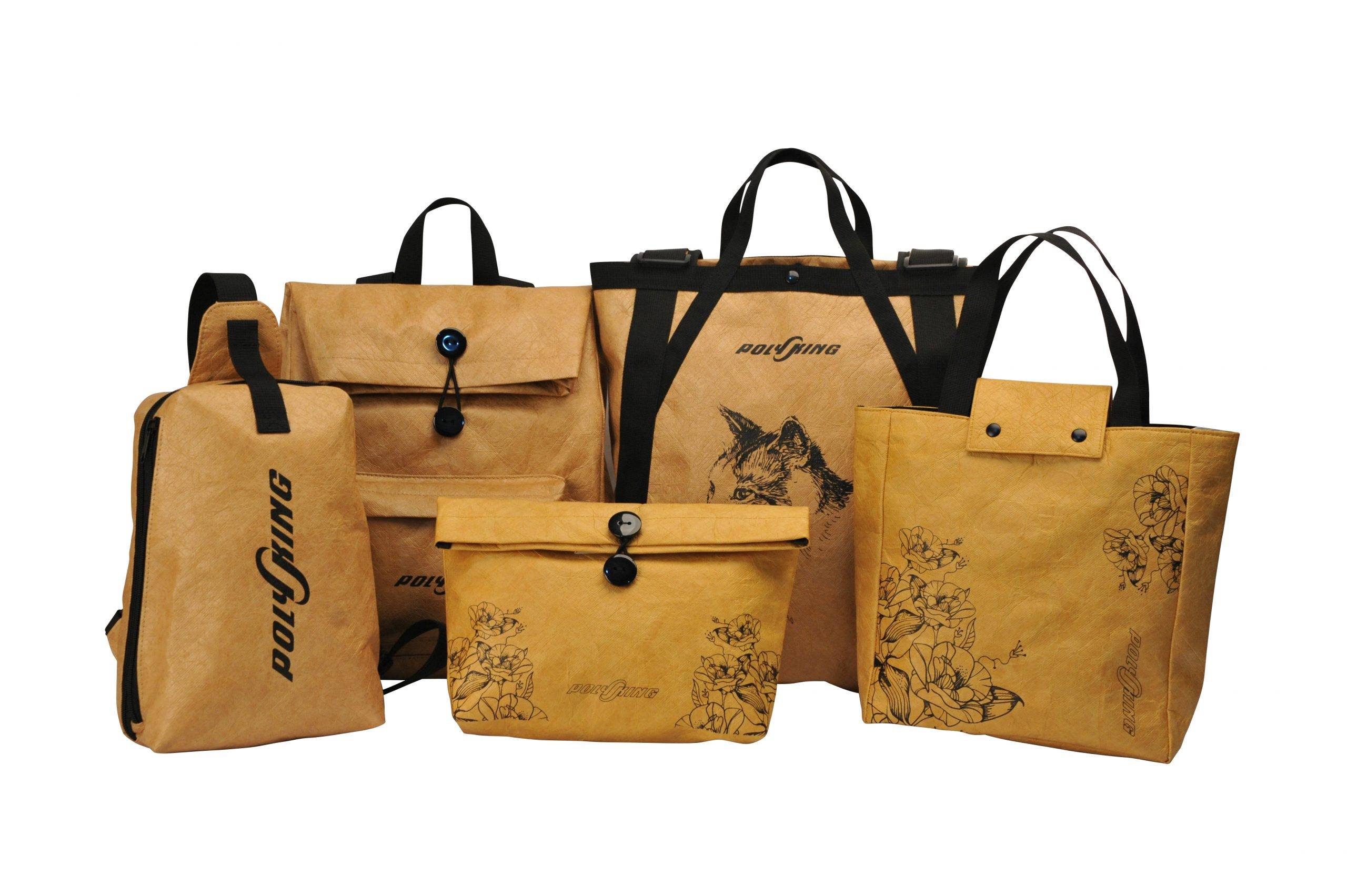 Serveral eco-friendly bag made with kraft paper material.